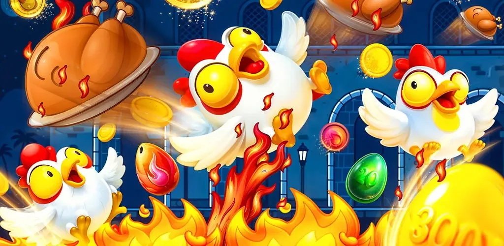 Chicken Road con gallinas, fuego y monedas