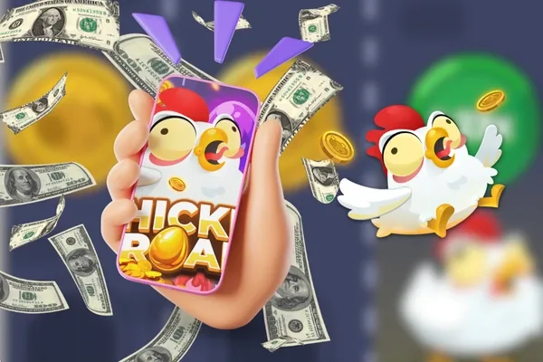 Chicken Road en móvil con monedas y billetes